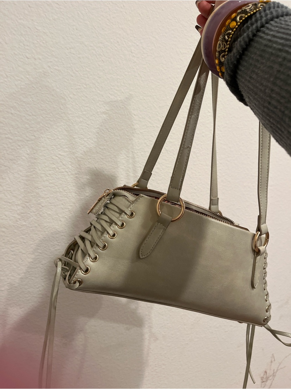 Sculpted Lace-Up Shoulder Bag in Olive Gray